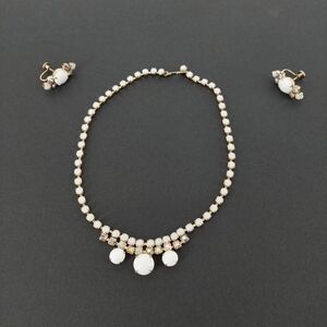 Vintage Faux Milk Glass And Rhinestone Necklace With Earrings